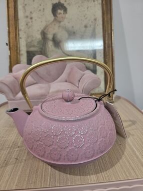 Pink Cast Iron Teapot with Gold Handle And Classic Floral Design